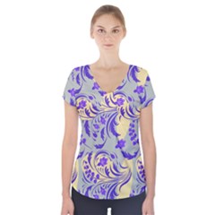 Folk Floral Pattern  Abstract Flowers Surface Design  Seamless Pattern Short Sleeve Front Detail Top by Eskimos
