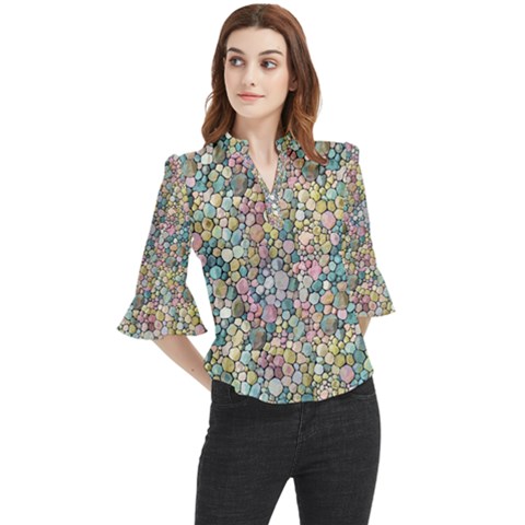 Multicolored Watercolor Stones Loose Horn Sleeve Chiffon Blouse by SychEva