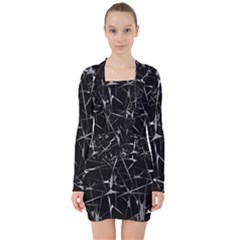 Black And White Splatter Abstract Print V-neck Bodycon Long Sleeve Dress by dflcprintsclothing