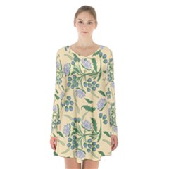 Folk Floral Pattern  Abstract Flowers Surface Design  Seamless Pattern Long Sleeve Velvet V-neck Dress by Eskimos