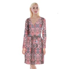 Pink Arabesque Iv Long Sleeve Velvet Front Wrap Dress by kaleidomarblingart