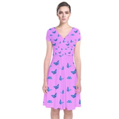 Blue Butterflies At Pastel Pink Color Background Short Sleeve Front Wrap Dress by Casemiro