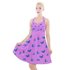 Blue Butterflies At Pastel Pink Color Background Halter Party Swing Dress  by Casemiro