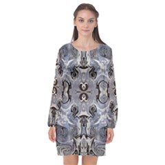Grey Layers Marbling Long Sleeve Chiffon Shift Dress  by kaleidomarblingart