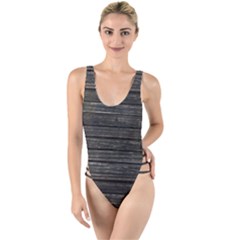 Wooden Linear Geometric Design High Leg Strappy Swimsuit by dflcprintsclothing