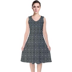 Iron Ornament Grid Pattern V-neck Midi Sleeveless Dress  by dflcprintsclothing