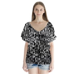 Black And White Modern Abstract Design V-neck Flutter Sleeve Top by dflcprintsclothing
