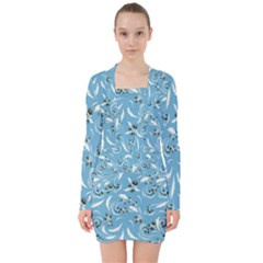 Folk Flowers Art Pattern Floral Abstract Surface Design  Seamless Pattern V-neck Bodycon Long Sleeve Dress by Eskimos