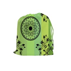 Green Grid Cute Flower Mandala Drawstring Pouch (large) by Magicworlddreamarts1