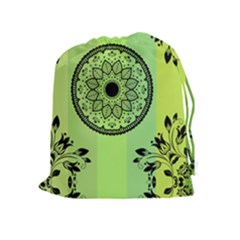 Green Grid Cute Flower Mandala Drawstring Pouch (xl) by Magicworlddreamarts1