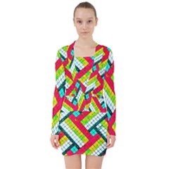 Pop Art Mosaic V-neck Bodycon Long Sleeve Dress by essentialimage365