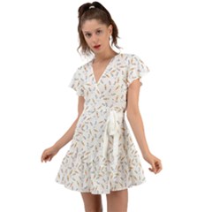 Cute Bunnies And Carrots Pattern, Light Colored Theme Flutter Sleeve Wrap Dress by Casemiro