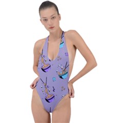 Japanese Ramen Sushi Noodles Rice Bowl Food Pattern Backless Halter One Piece Swimsuit by DinzDas