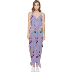 Japanese Ramen Sushi Noodles Rice Bowl Food Pattern Sleeveless Tie Ankle Jumpsuit by DinzDas