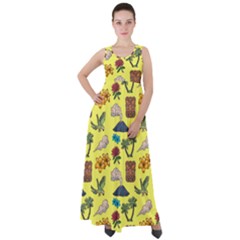 Tropical Island Tiki Parrots, Mask And Palm Trees Empire Waist Velour Maxi Dress by DinzDas