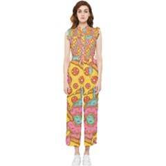 Fast Food Pizza And Donut Pattern Women s Frill Top Jumpsuit by DinzDas