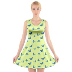 Blue Butterflies At Lemon Yellow, Nature Themed Pattern V-neck Sleeveless Dress by Casemiro