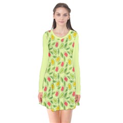 Vector Fruits Pattern, Pastel Colors, Yellow Background Long Sleeve V-neck Flare Dress by Casemiro