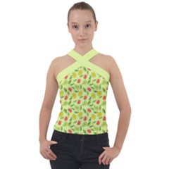 Vector Fruits Pattern, Pastel Colors, Yellow Background Cross Neck Velour Top by Casemiro