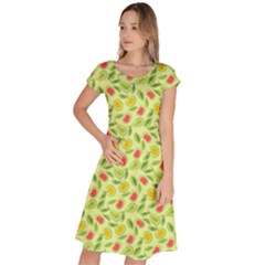 Vector Fruits Pattern, Pastel Colors, Yellow Background Classic Short Sleeve Dress by Casemiro