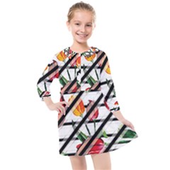 Stripes Tulips Pattern Kids  Quarter Sleeve Shirt Dress by designsbymallika