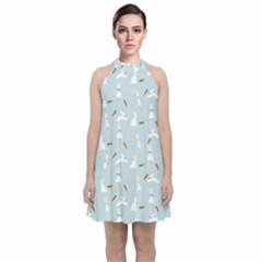 Funny And Funny Hares  And Rabbits In The Meadow Velvet Halter Neckline Dress  by SychEva