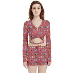 50s Small Print Velvet Wrap Crop Top And Shorts Set by NerdySparkleGoth