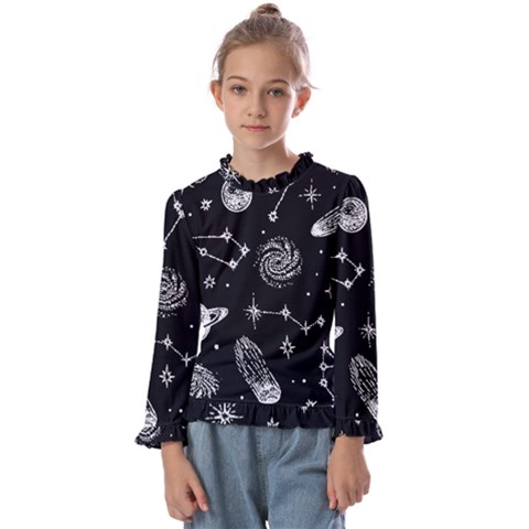 Dark Stars And Planets Kids  Frill Detail Tee by AnkouArts