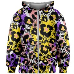 Black Leopard Print With Yellow, Gold, Purple And Pink Kids  Zipper Hoodie Without Drawstring by AnkouArts
