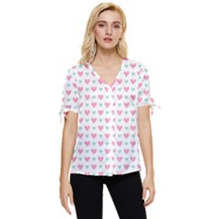 Pink Hearts One White Background Bow Sleeve Button Up Top by AnkouArts