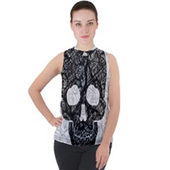 Black Skull On White Mock Neck Chiffon Sleeveless Top by AnkouArts