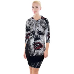 Creepy Head Sculpture Artwork Quarter Sleeve Hood Bodycon Dress by dflcprintsclothing