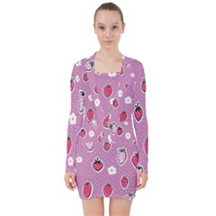 Juicy Strawberries V-neck Bodycon Long Sleeve Dress by SychEva