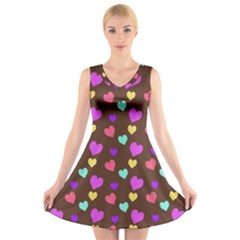 Colorfull Hearts On Choclate V-neck Sleeveless Dress by Daria3107