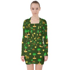 Turtle And Palm On Green Pattern V-neck Bodycon Long Sleeve Dress by Daria3107