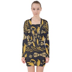 Folk Flowers Pattern Floral Surface V-neck Bodycon Long Sleeve Dress by Eskimos