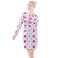 Slices Of Red And Juicy Watermelon Button Long Sleeve Dress by SychEva
