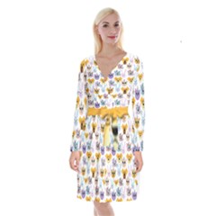 Funny Animal Faces With Glasses On A White Background Long Sleeve Velvet Front Wrap Dress by SychEva