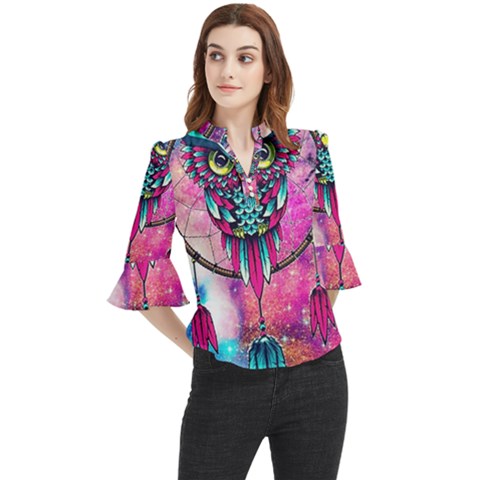 Owl Dreamcatcher Loose Horn Sleeve Chiffon Blouse by Sudhe