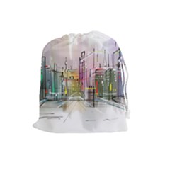 Drawing-watercolor-painting-city Drawstring Pouch (large) by Sudhe