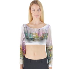 Drawing-watercolor-painting-city Long Sleeve Crop Top by Sudhe