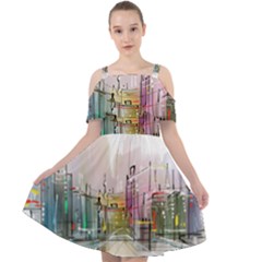 Drawing-watercolor-painting-city Cut Out Shoulders Chiffon Dress by Sudhe