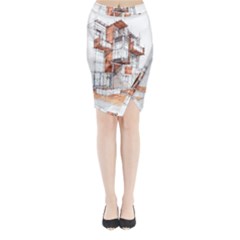 Rag-flats-onion-flats-llc-architecture-drawing Graffiti-architecture Midi Wrap Pencil Skirt by Sudhe