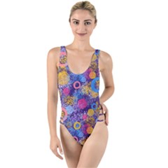 Multicolored Splashes And Watercolor Circles On A Dark Background High Leg Strappy Swimsuit by SychEva