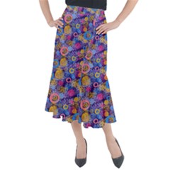 Multicolored Splashes And Watercolor Circles On A Dark Background Midi Mermaid Skirt by SychEva