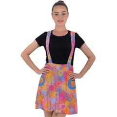 Multicolored Splashes And Watercolor Circles On A Dark Background Velvet Suspender Skater Skirt by SychEva
