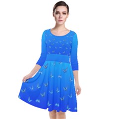 Butterflies At Blue, Two Color Tone Gradient Quarter Sleeve Waist Band Dress by Casemiro