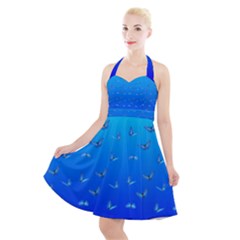 Butterflies At Blue, Two Color Tone Gradient Halter Party Swing Dress  by Casemiro