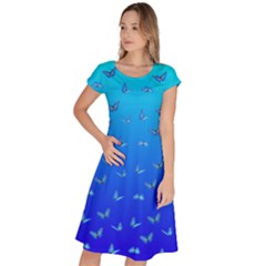 Butterflies At Blue, Two Color Tone Gradient Classic Short Sleeve Dress by Casemiro