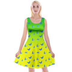 Blue Butterflies At Yellow And Green, Two Color Tone Gradient Reversible Velvet Sleeveless Dress by Casemiro